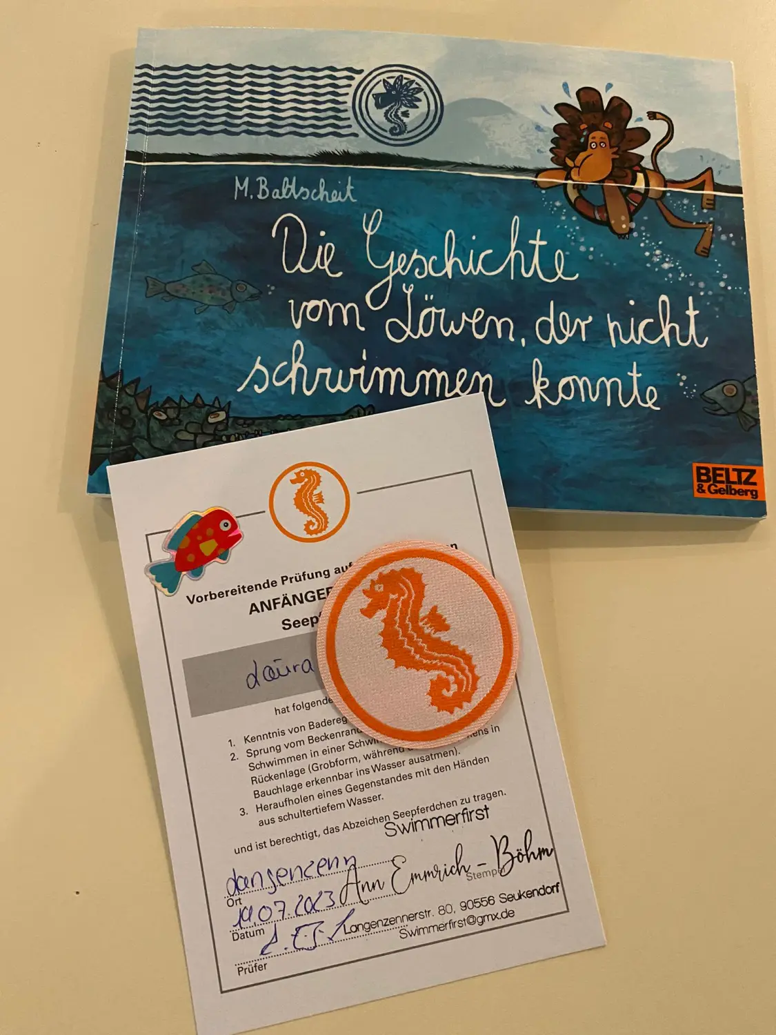 Swimmerfirst Schwimmkurs-Seepferdchen-Abzeichen, Zertifikat und eine Broschüre